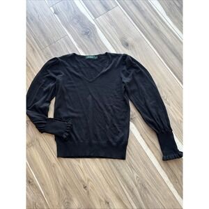 Lauren Ralph Lauren Sweater Puff Sleeve V Neck Black Gold Button Womens P/M Soft